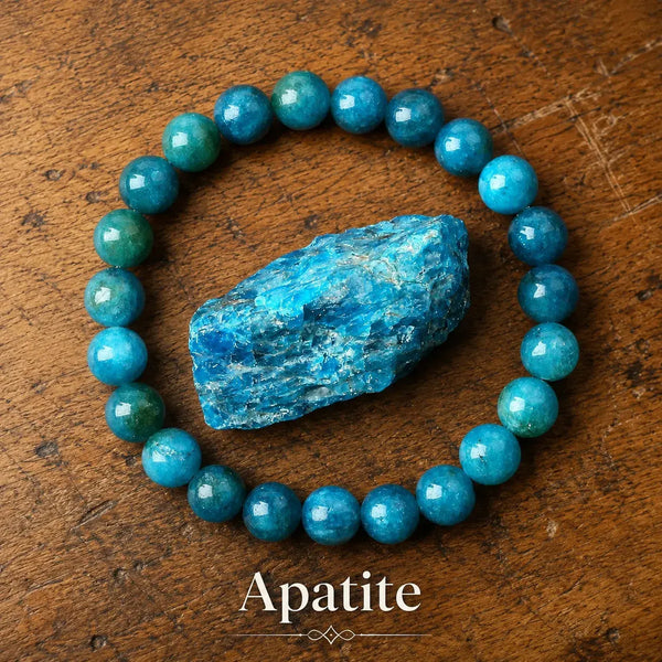 Pulsera elástica de cuentas redondas de apatita azul turquesa con zonas más verdosas, junto a un trozo en bruto de la misma piedra