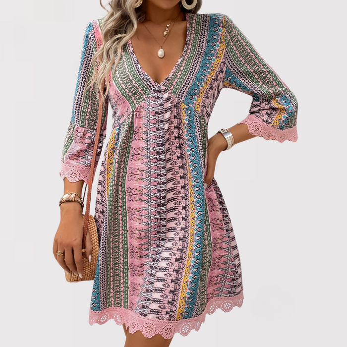 MELINA™ – Bohemian V-Neck Dress with Charming Details