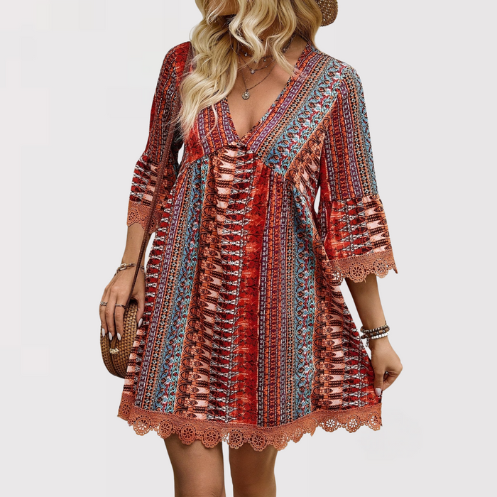MELINA™ – Bohemian V-Neck Dress with Charming Details