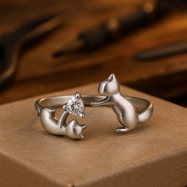 Anillo abierto en acabado plateado con un gato tallado en un extremo y un zorro en el otro, y una piedra brillante entre los dos