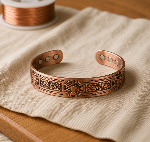 Pulsera rígida de cobre grabada con paneles de nudos celtas y un árbol en el centro, con tres imanes redondos en cada extremo