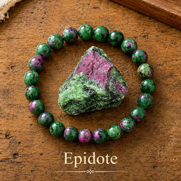 Pulsera elástica de cuentas redondas de piedra verde intenso con manchas fucsia y puntos negros, junto a un trozo en bruto de la misma piedra
