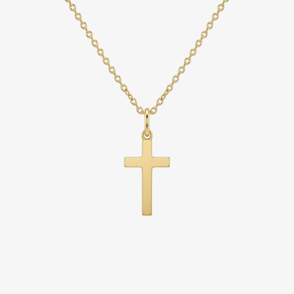 Collar de cadena fina dorada con una cruz lisa de brazos rectos colgando en vertical desde el centro, sin piedras ni grabados