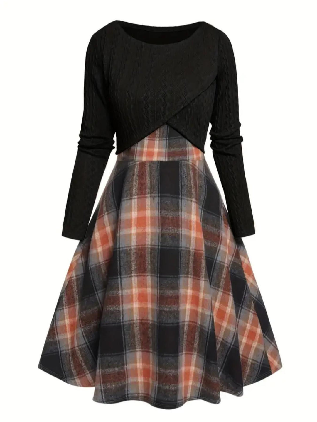 JORY™ Vintage-Inspired Round Neck Long Sleeve Crop Top with Plaid Dress