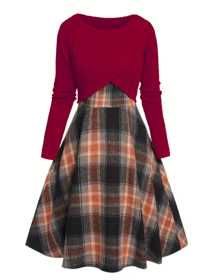 JORY™ Vintage-Inspired Round Neck Long Sleeve Crop Top with Plaid Dress