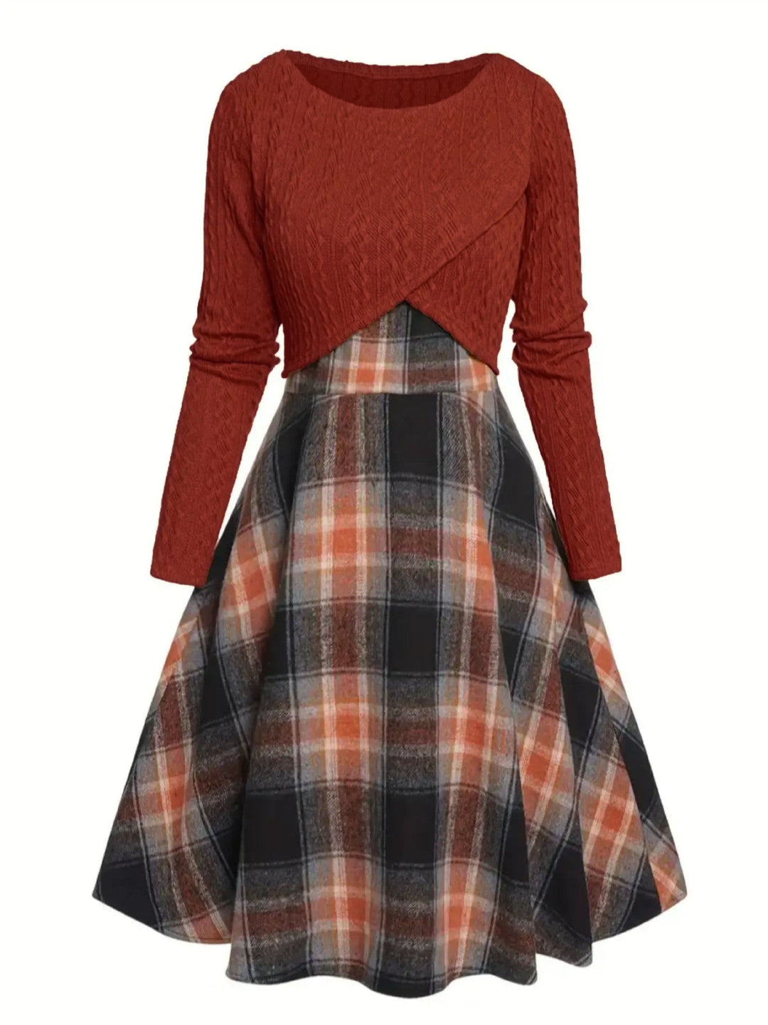 JORY™ Vintage-Inspired Round Neck Long Sleeve Crop Top with Plaid Dress