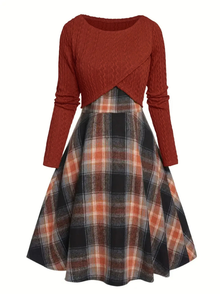 JORY™ Vintage-Inspired Round Neck Long Sleeve Crop Top with Plaid Dress