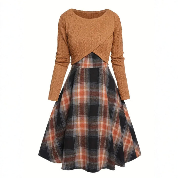 JORY™ Vintage-Inspired Round Neck Long Sleeve Crop Top with Plaid Dress