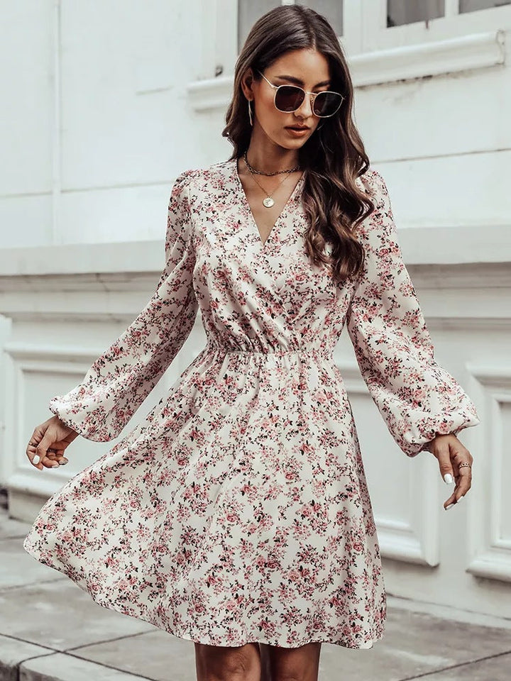 QITI™ - Stylish Floral V-Neck Long Sleeve Mini Dress