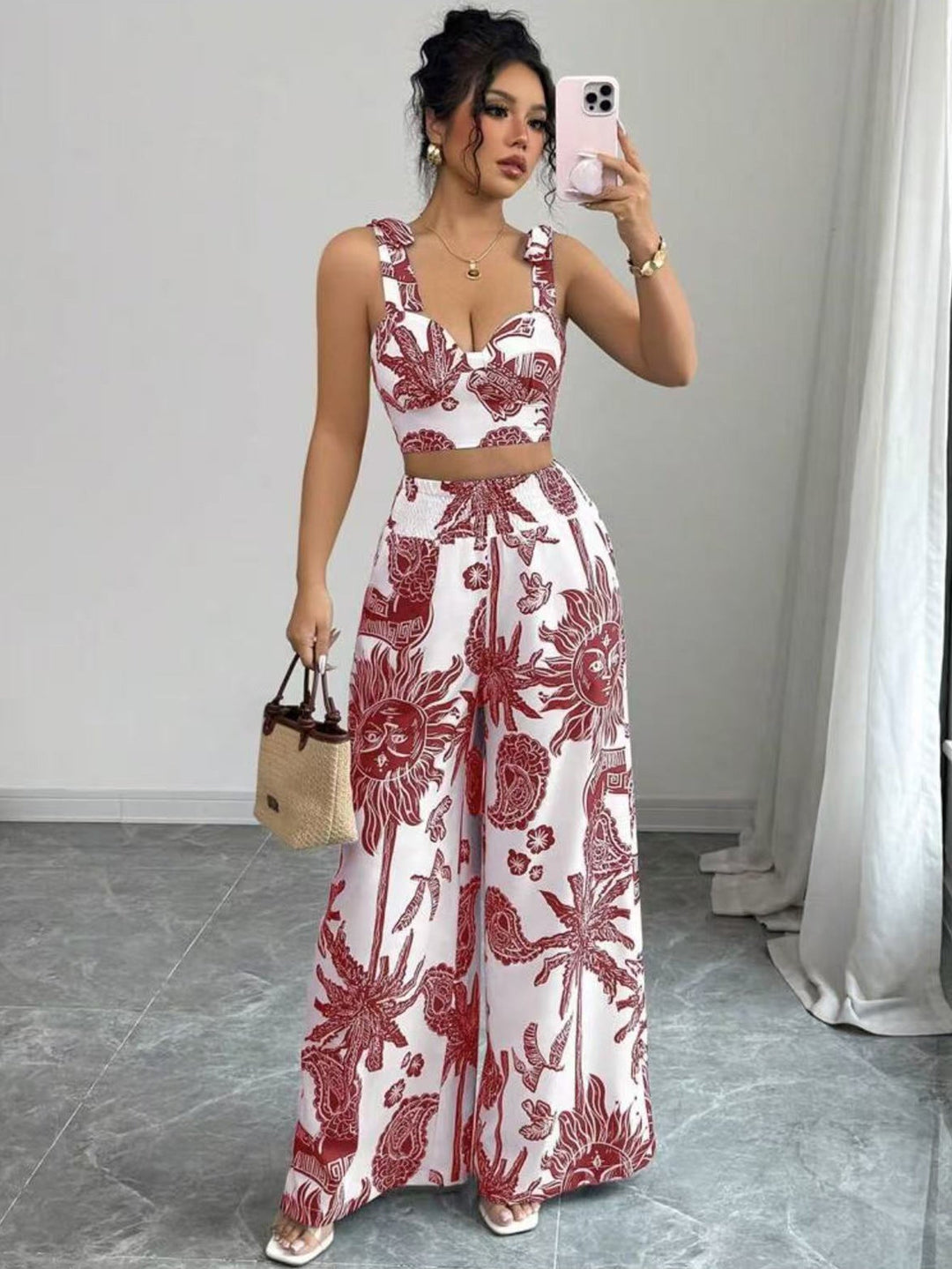 VONY™ – Chic Bohemian Print Crop Top and Wide-Leg Pants Ensemble