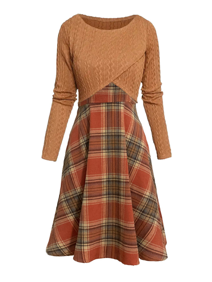 JORY™ Vintage-Inspired Round Neck Long Sleeve Crop Top with Plaid Dress