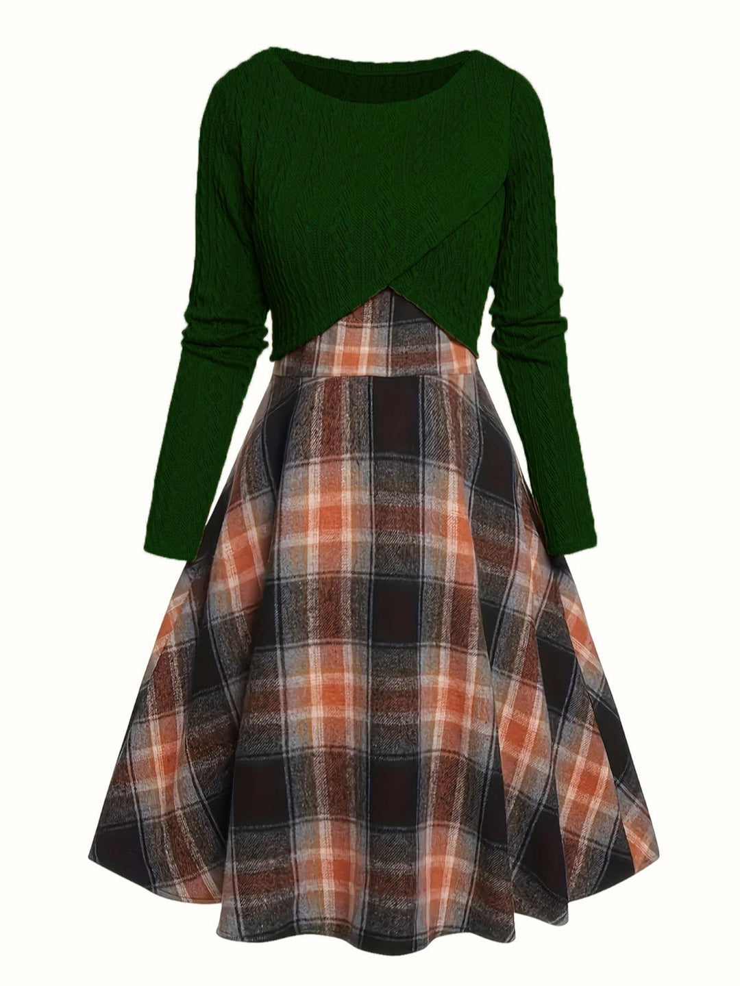 JORY™ Vintage-Inspired Round Neck Long Sleeve Crop Top with Plaid Dress