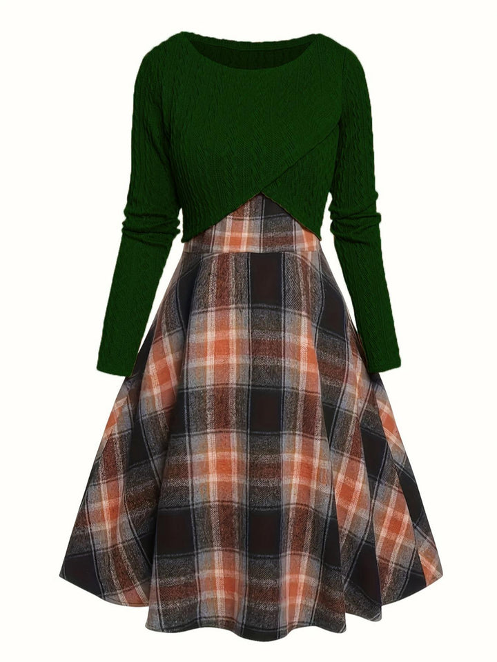 JORY™ Vintage-Inspired Round Neck Long Sleeve Crop Top with Plaid Dress