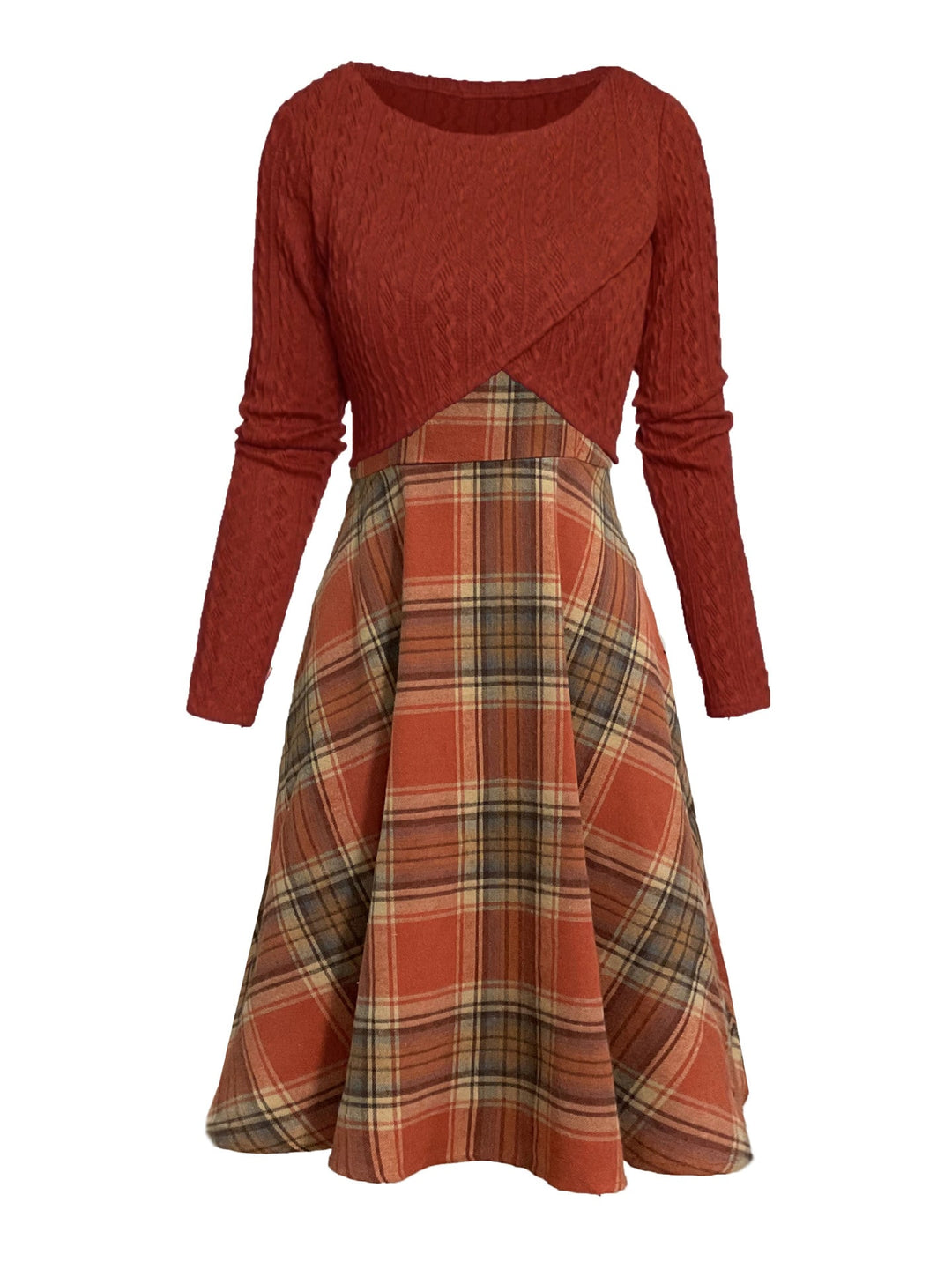 JORY™ Vintage-Inspired Round Neck Long Sleeve Crop Top with Plaid Dress