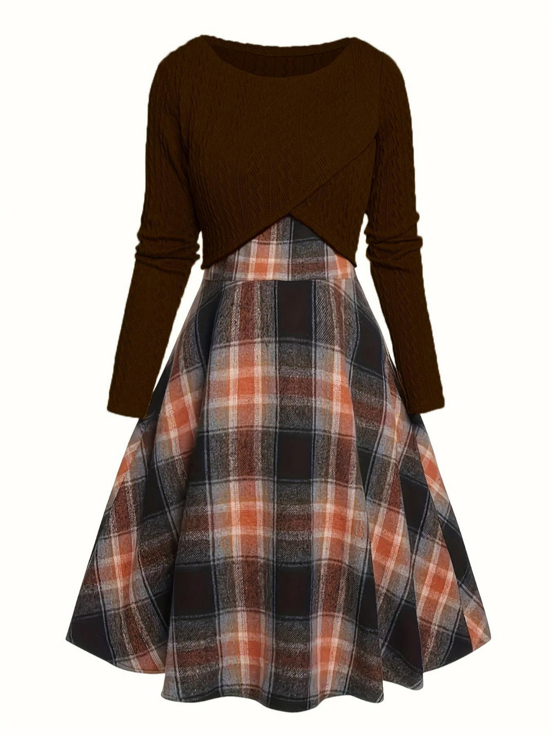JORY™ Vintage-Inspired Round Neck Long Sleeve Crop Top with Plaid Dress