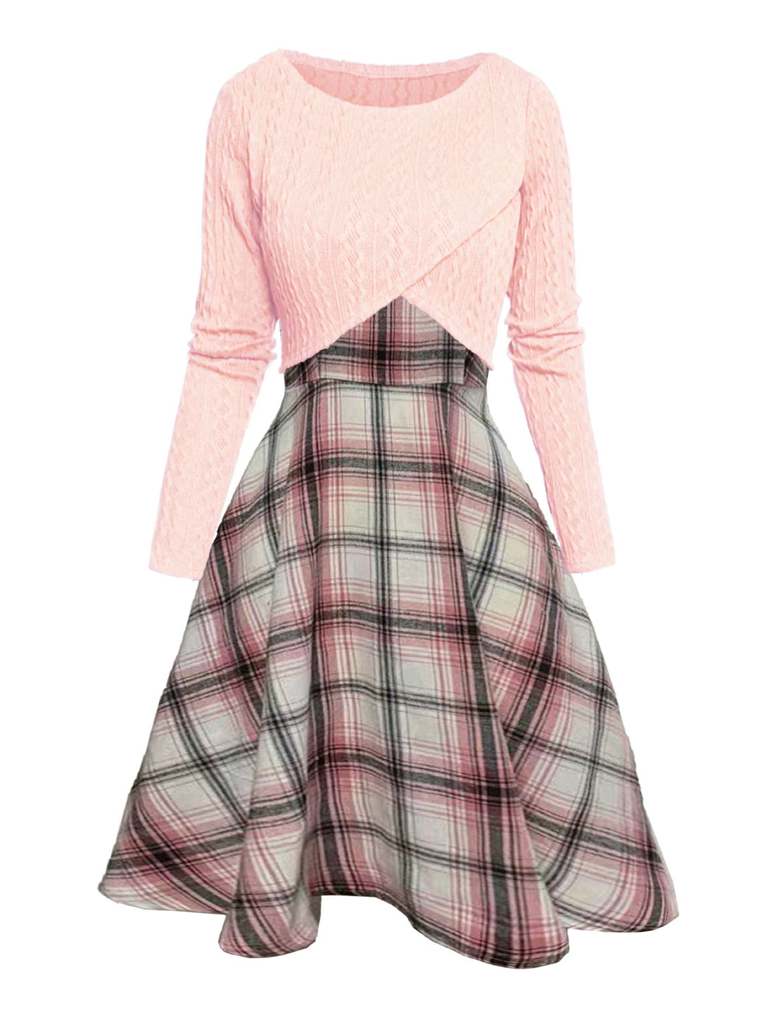 JORY™ Vintage-Inspired Round Neck Long Sleeve Crop Top with Plaid Dress