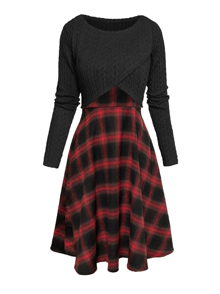 JORY™ Vintage-Inspired Round Neck Long Sleeve Crop Top with Plaid Dress