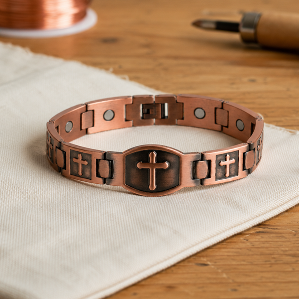 Pulsera de eslabones de cobre con cruces caladas en los paneles, alternando tono oscuro y tono claro, con imanes en el interior
