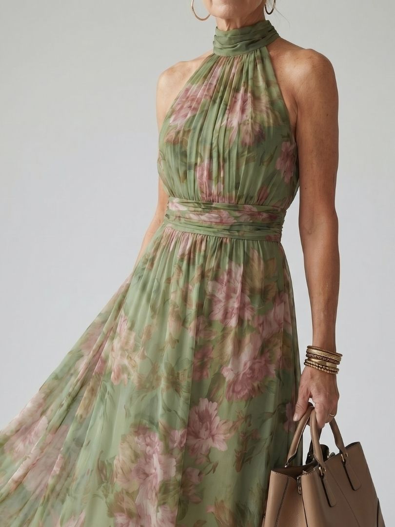Dolores | Vestido Midi con Cuello Halter Fruncido