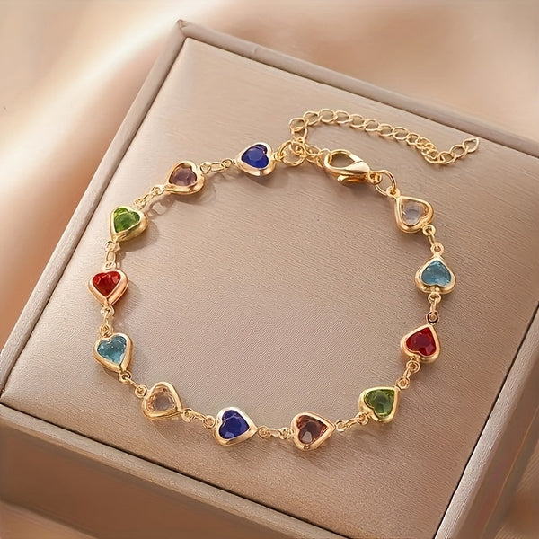 Pulsera de cadena con corazones de cristal de varios colores