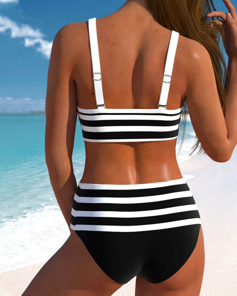 Bikini de rayas con nudo y talle alto para mujer