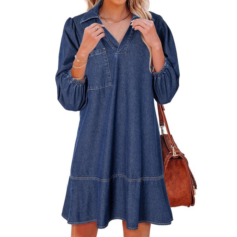 GEMMA™ – Timeless Soft Washed Denim Dress with Puff Sleeves
