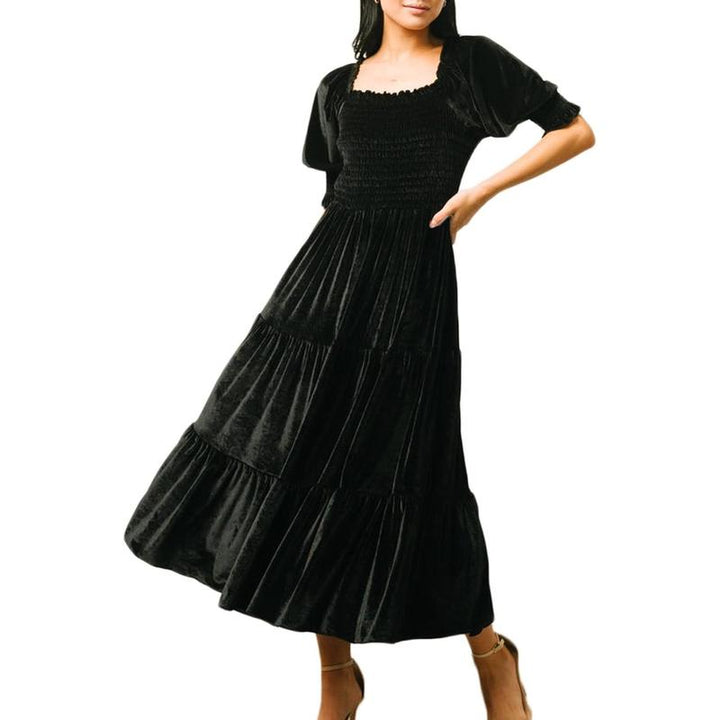 AUDREY™ - Versatile A-Line Midi Dress with Square Neck and Puff Sleeves