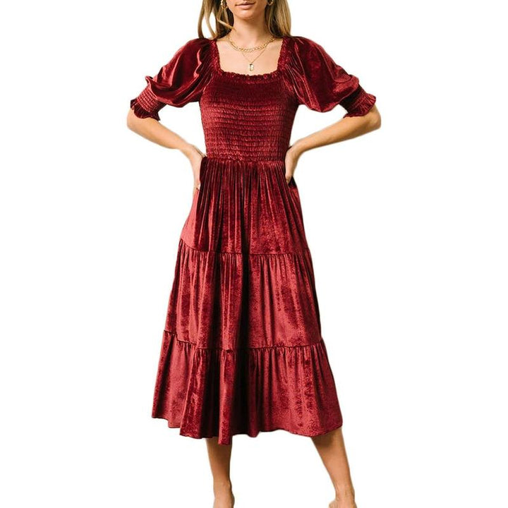 AUDREY™ - Versatile A-Line Midi Dress with Square Neck and Puff Sleeves