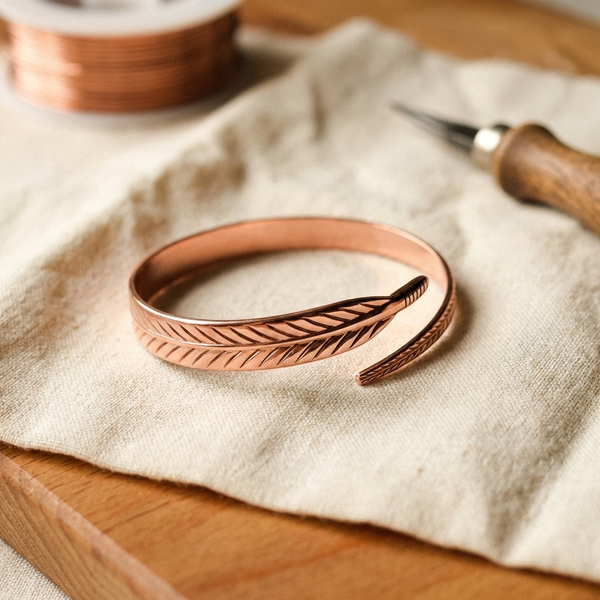 Pulsera rígida de cobre con una pluma grabada que recorre la banda y se curva siguiendo su forma en el extremo
