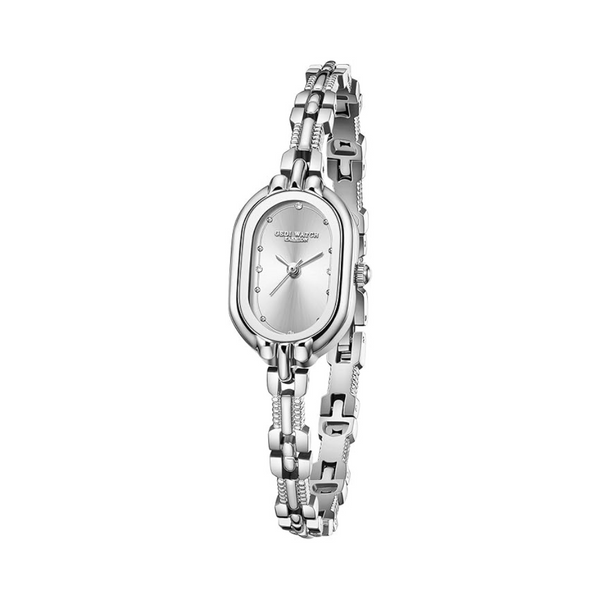 Reloj de mujer con esfera ovalada clara sin números, agujas finas y brazalete estrecho de eslabones en acabado plateado
