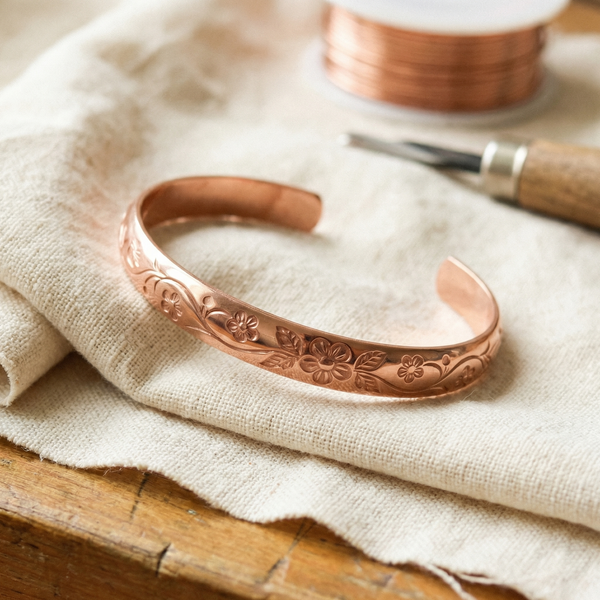 Pulsera rígida de cobre con una vid grabada alrededor de toda la banda de la que salen flores abiertas en relieve