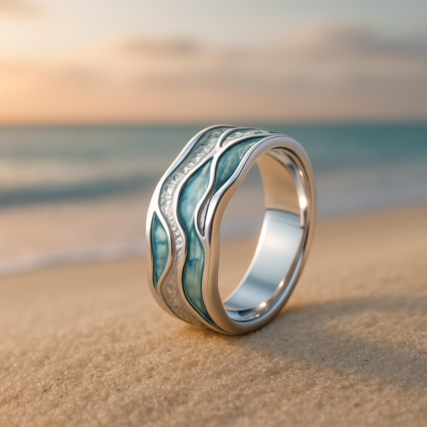 Anillo con una onda en tono turquesa alrededor del dedo