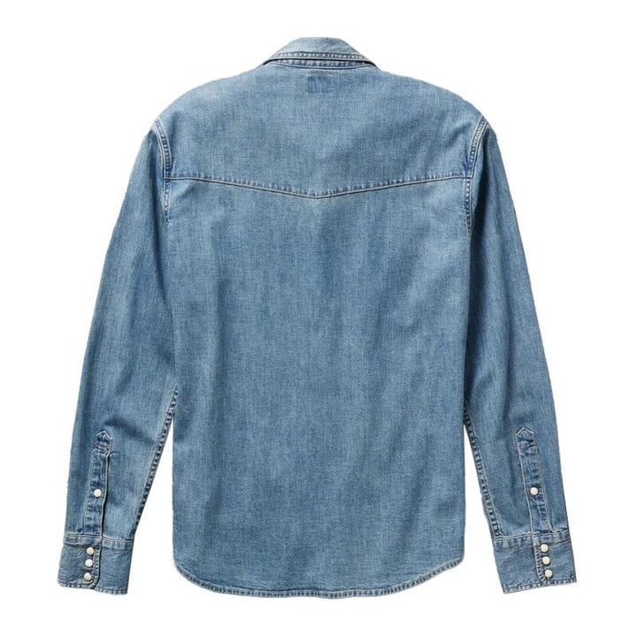 Men's Retro Loose-Fit Denim Long Sleeve Shirt with Lapel - Style 15755917M