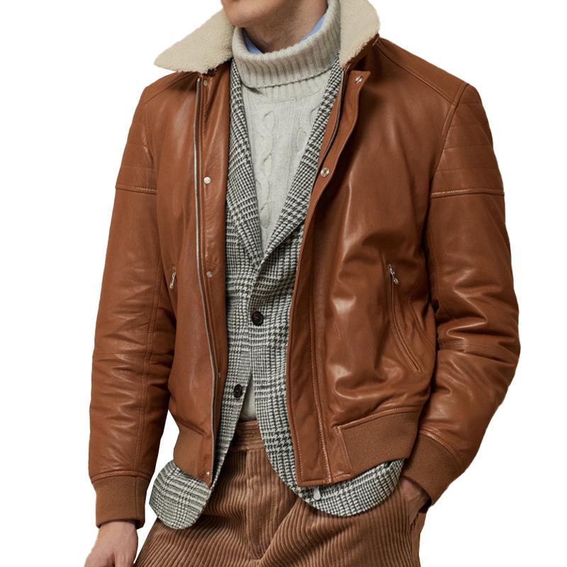 Men's Retro Leather Bomber Jacket with Fur Collar and Zip Fly - Patchwork Design 42195328M
