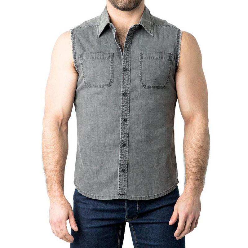 Men's Retro Sleeveless Denim Shirt with Lapel - Style 59950566M