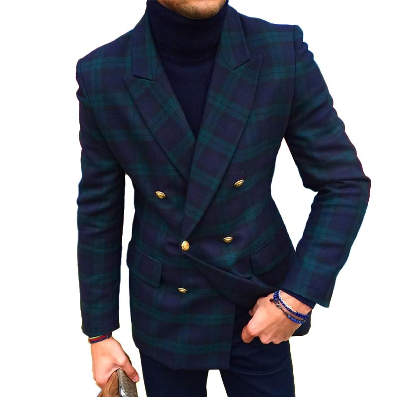 Men's Vintage Plaid Double-Breasted Blazer with Notch Lapel and Flap Pockets - Style 20584917M
