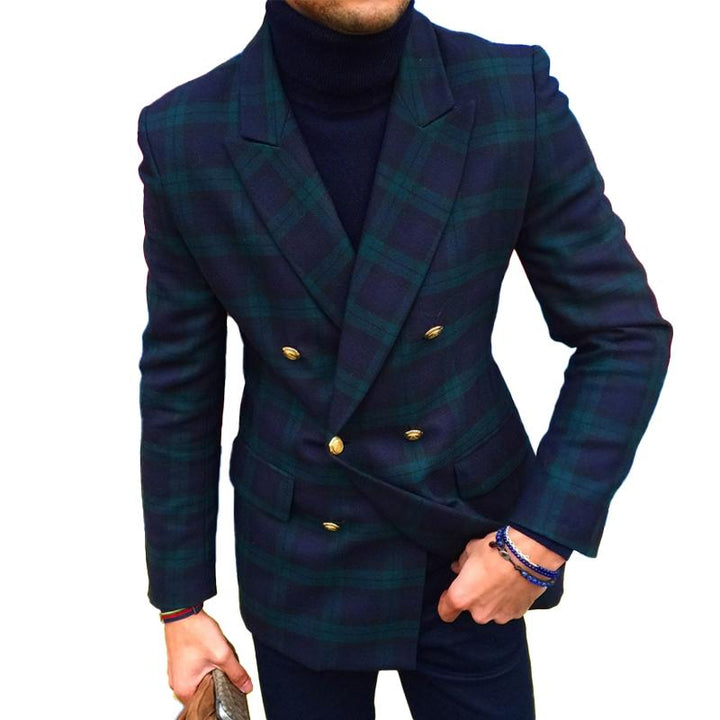 Men's Vintage Plaid Double-Breasted Blazer with Notch Lapel and Flap Pockets - Style 20584917M
