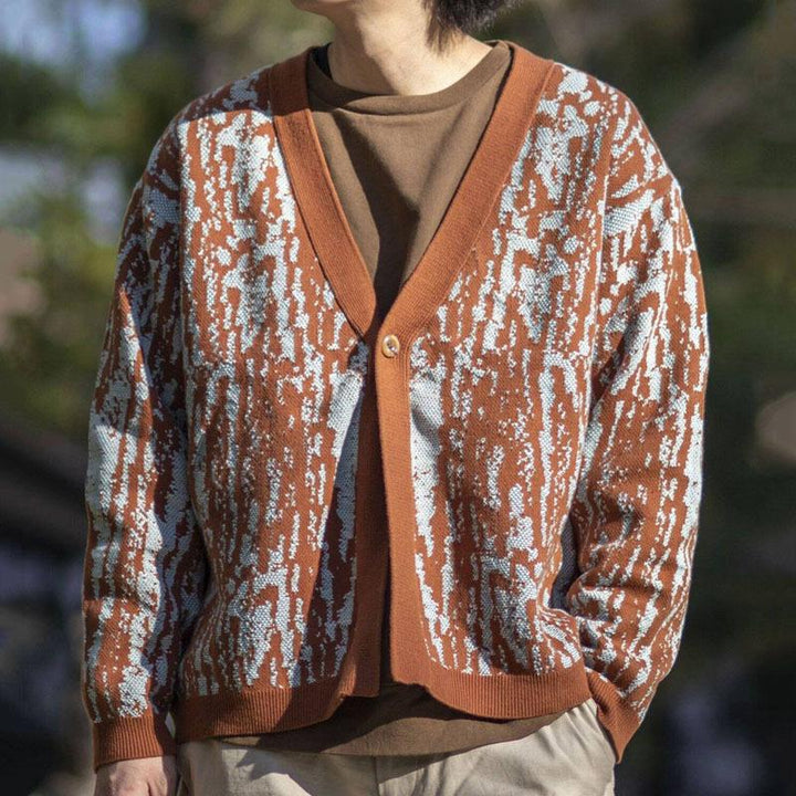 Men's Retro V-Neck Thick Jacquard Knit Cardigan - Style 14694179M