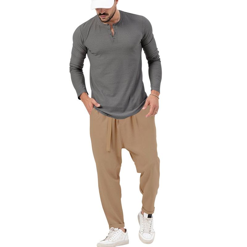 Conjunto informal de camiseta Henley de manga larga y pantalón para hombre.