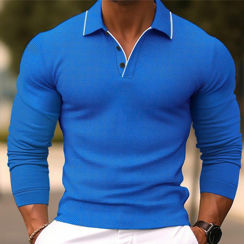 Men's Slim Fit Solid Color Cotton Blend Long Sleeve Polo Shirt with Lapel - 24-Hour Shipping Available (Model 54171993Y)