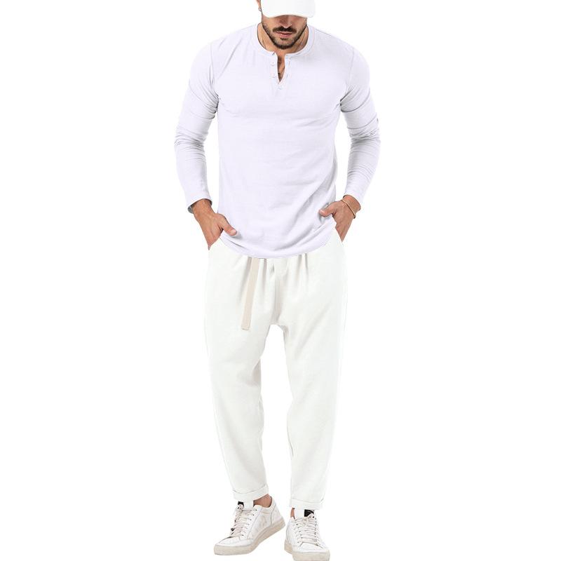 Conjunto informal de camiseta Henley de manga larga y pantalón para hombre.
