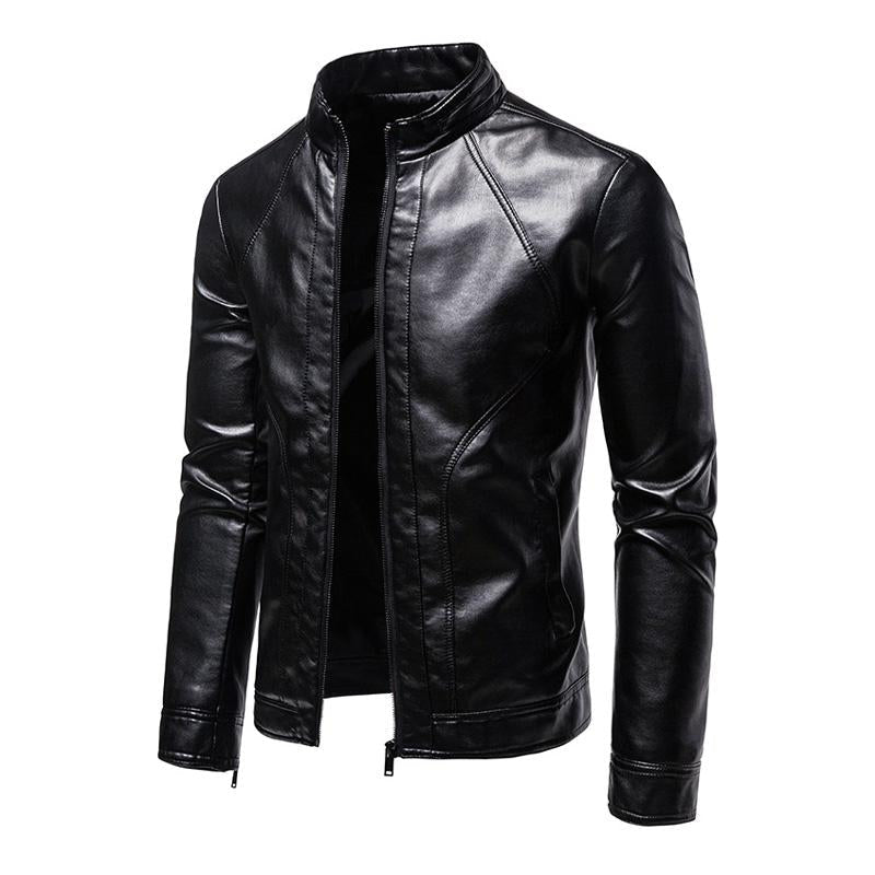 Men's Retro Stand Collar Casual Leather Motorcycle Jacket 75420273X