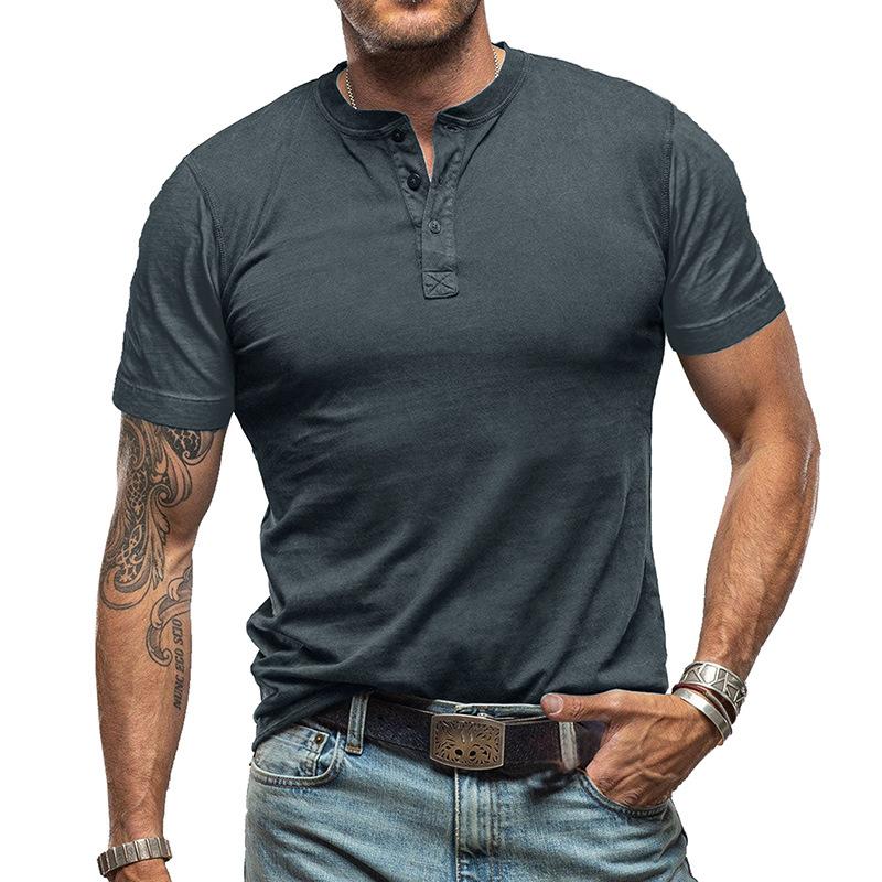 Men's Classic Solid Color Short Sleeve Henley T-Shirt - Style 99269418Y