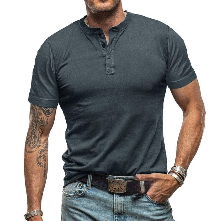Men's Classic Solid Color Short Sleeve Henley T-Shirt - Style 99269418Y