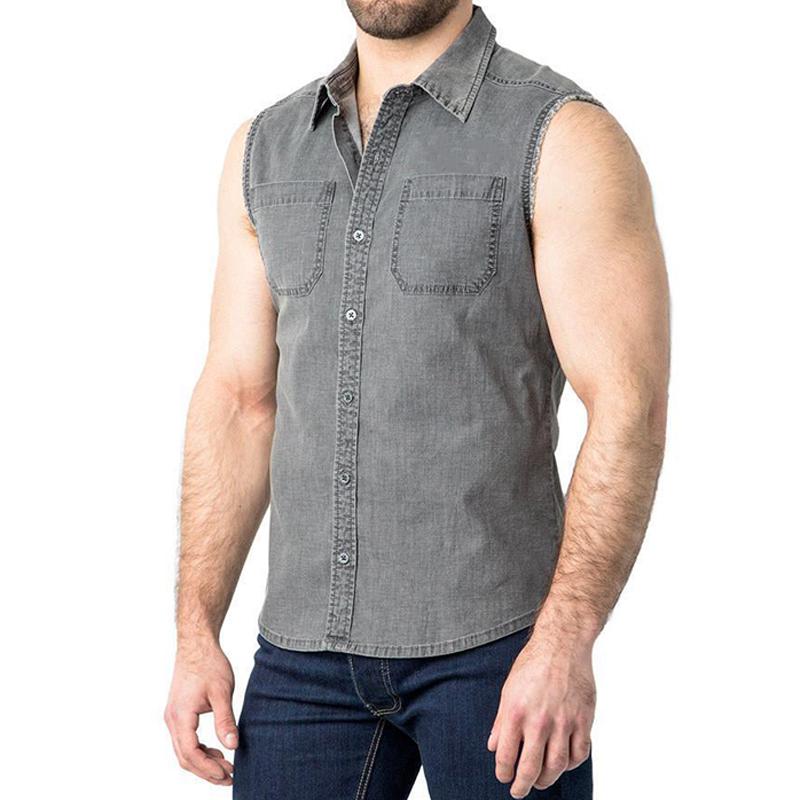 Men's Retro Sleeveless Denim Shirt with Lapel - Style 59950566M