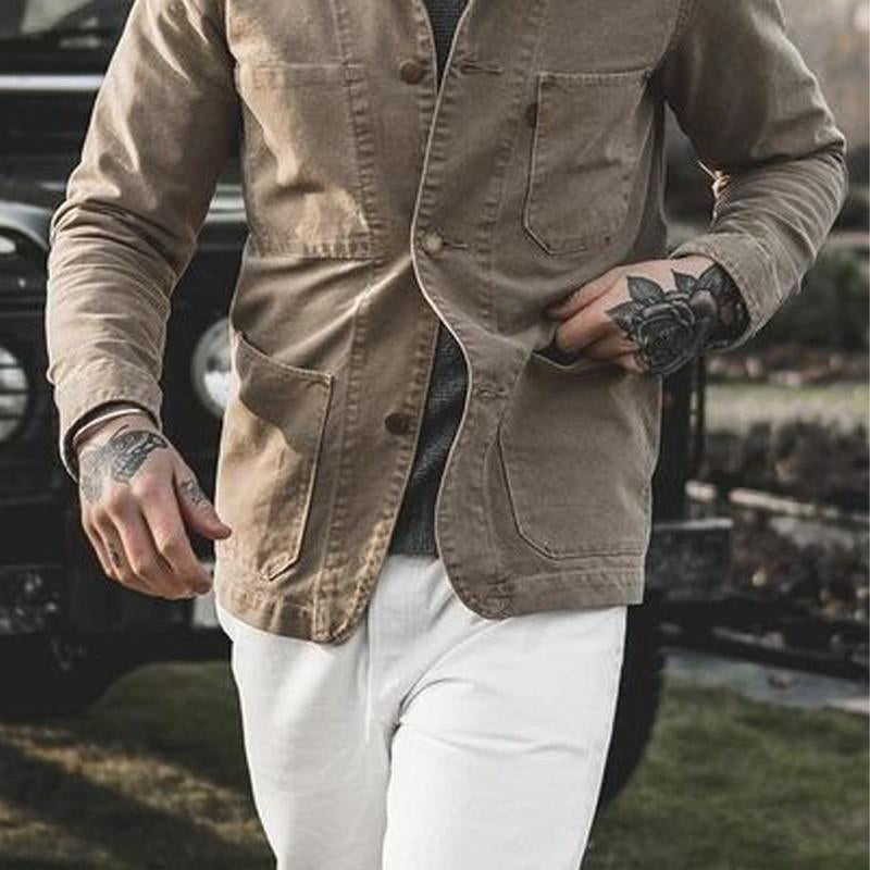 Men's Retro Distressed Canvas Jacket with Multiple Pockets - Style 72361516X