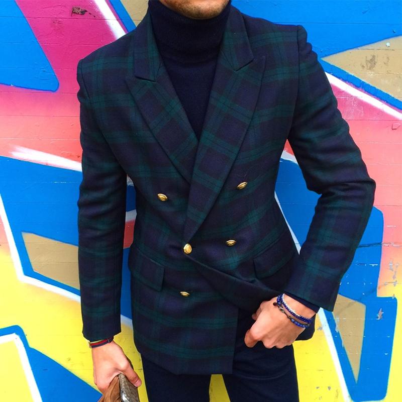 Men's Vintage Plaid Double-Breasted Blazer with Notch Lapel and Flap Pockets - Style 20584917M