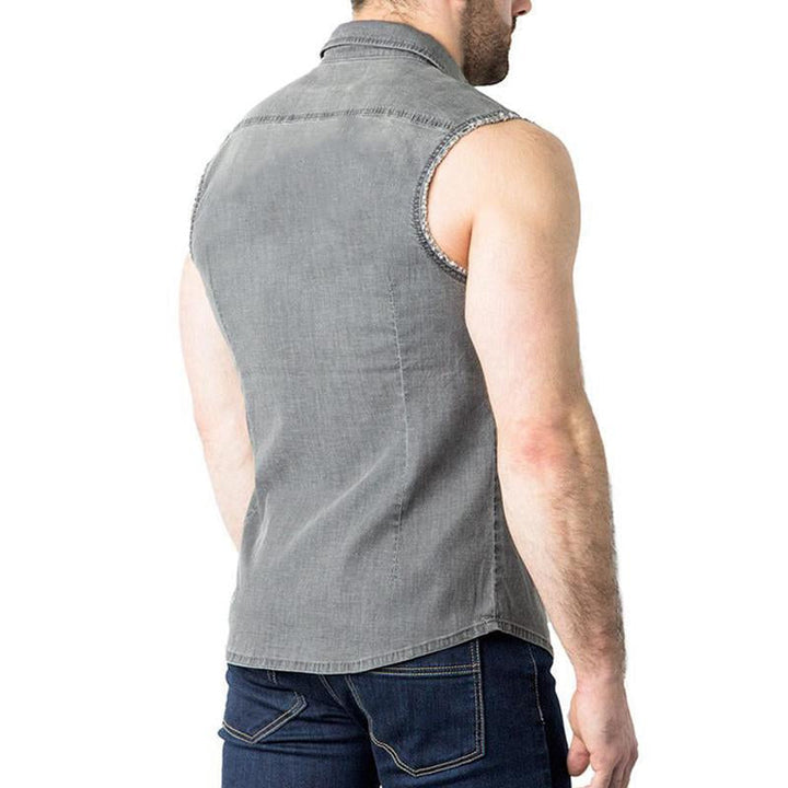 Men's Retro Sleeveless Denim Shirt with Lapel - Style 59950566M