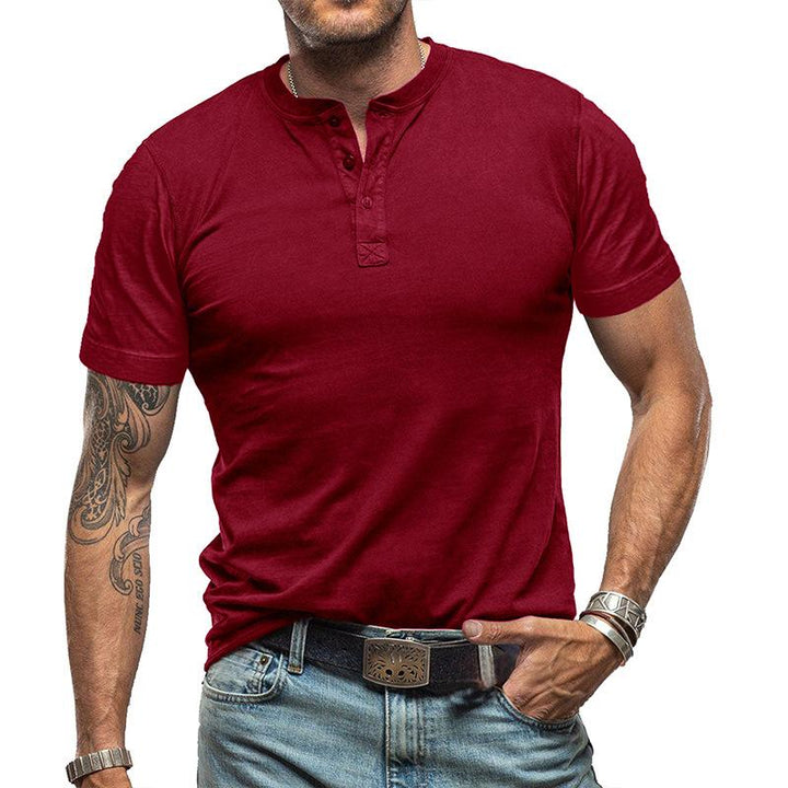 Men's Classic Solid Color Short Sleeve Henley T-Shirt - Style 99269418Y