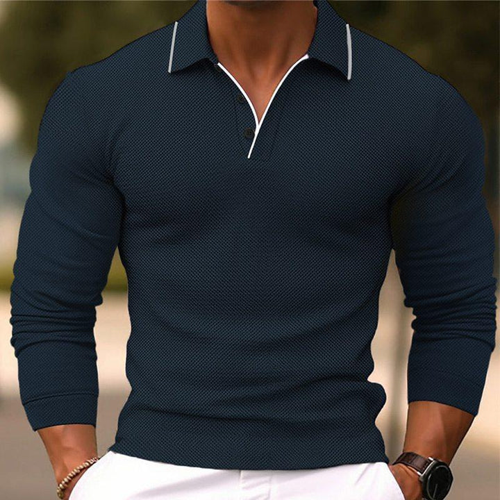 Men's Slim Fit Solid Color Cotton Blend Long Sleeve Polo Shirt with Lapel - 24-Hour Shipping Available (Model 54171993Y)